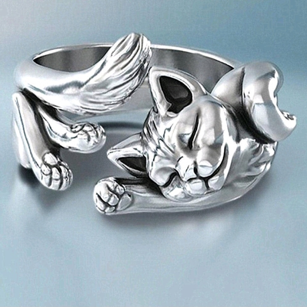 Antique Silver Look Kitty Cat Ring Adjustable New!
